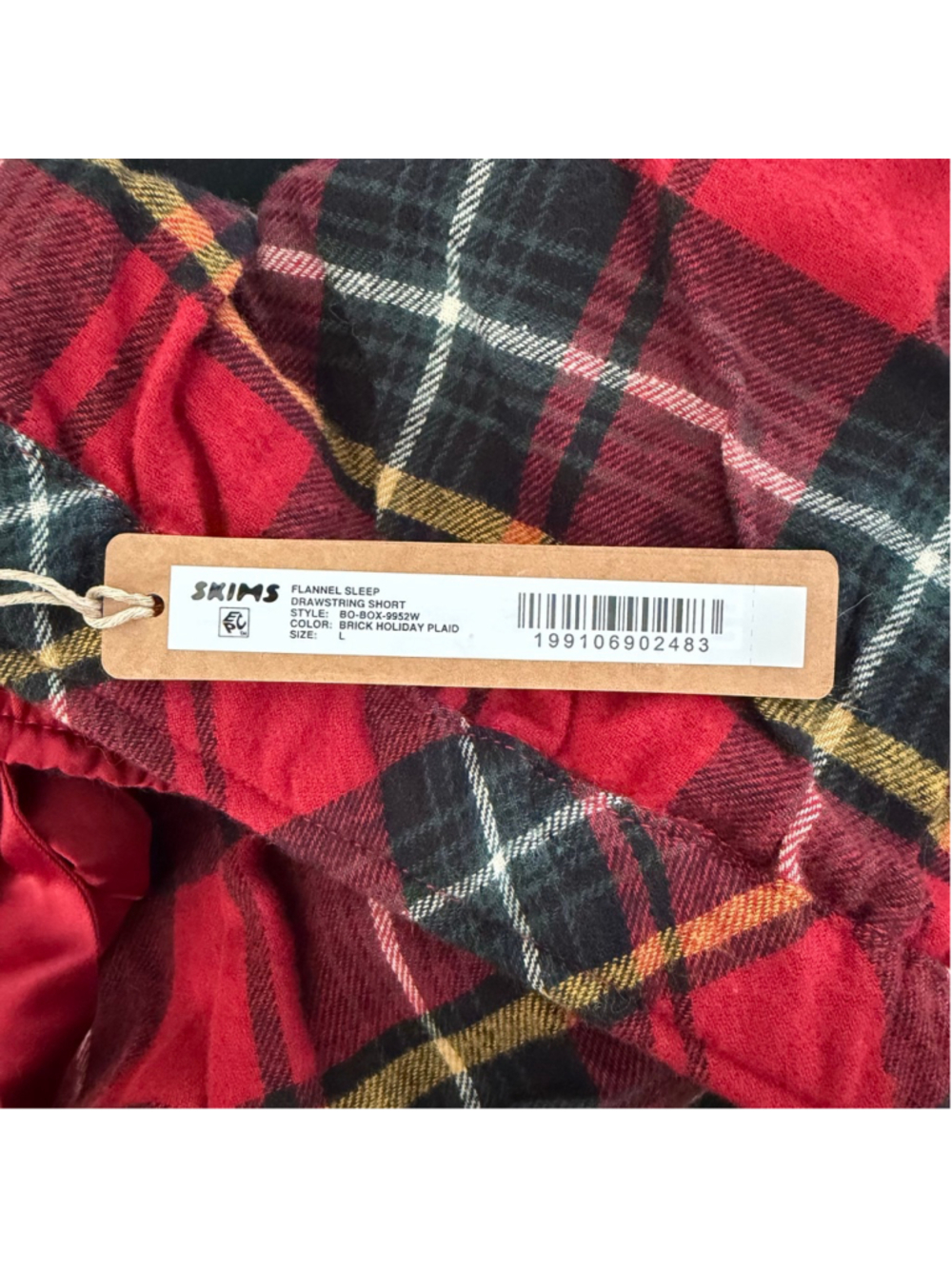 SKIMS Flannel Sleep Drawstring Short Size L Brick Holiday Plaid SKU717 - Picture 3 of 3